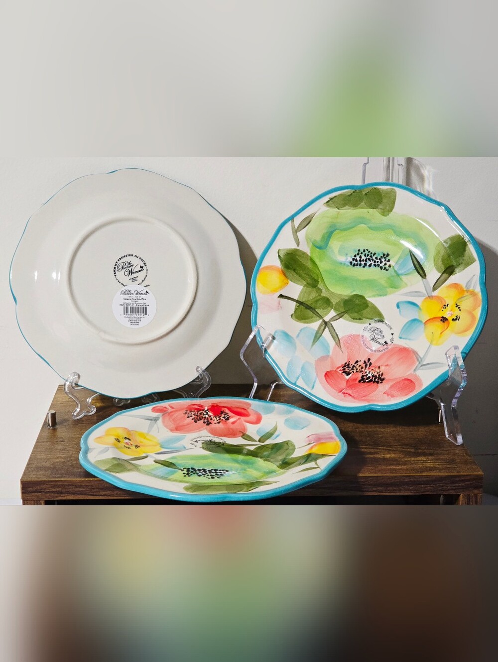 New Set Of 3 The Pioneer Woman Floral Watercolor Dinner Plates with Teal Rim